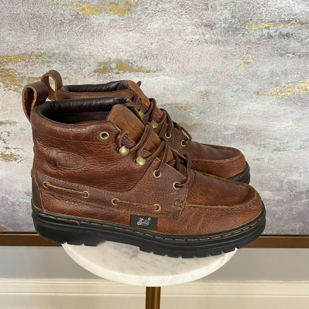 Justin 991 Chukka Boots Mens Size 7.5M Brown Leather Ankle Work Lace Up Lug Sole